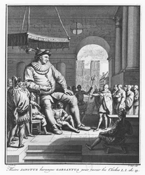 Maestro Janotus arenga a Gargantúa para que devuelva las campanas, ilustración de 